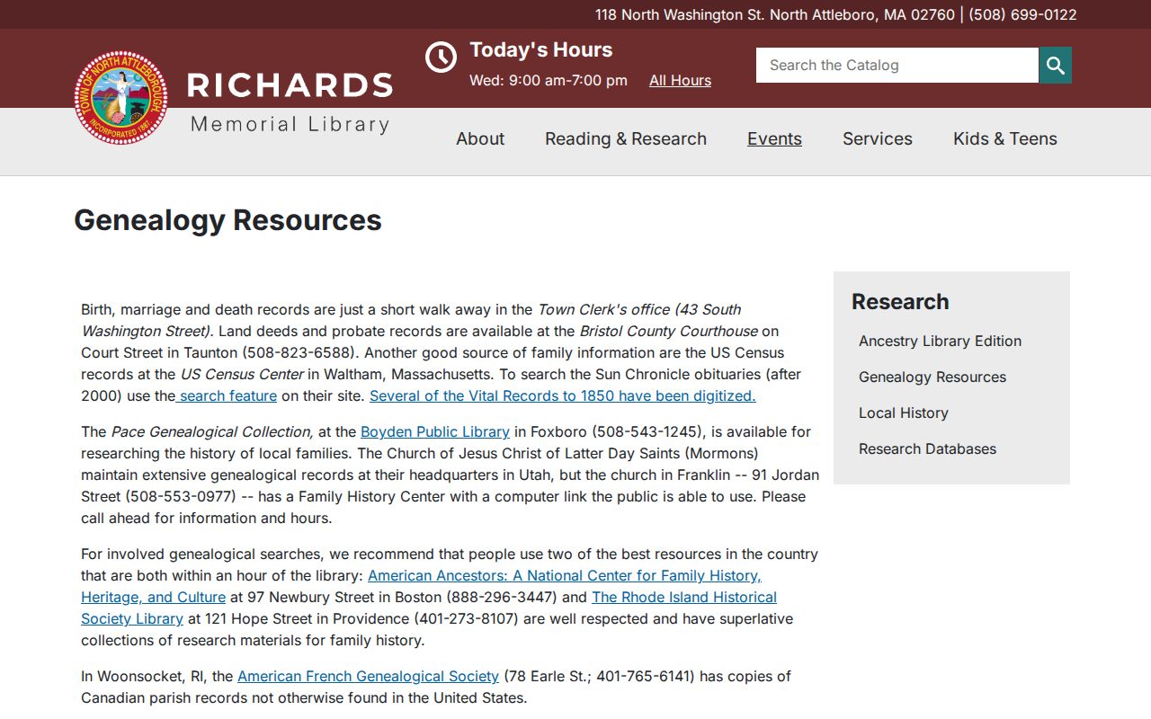 North Attleborough city directory genealogy resources at Richards Memorial Library