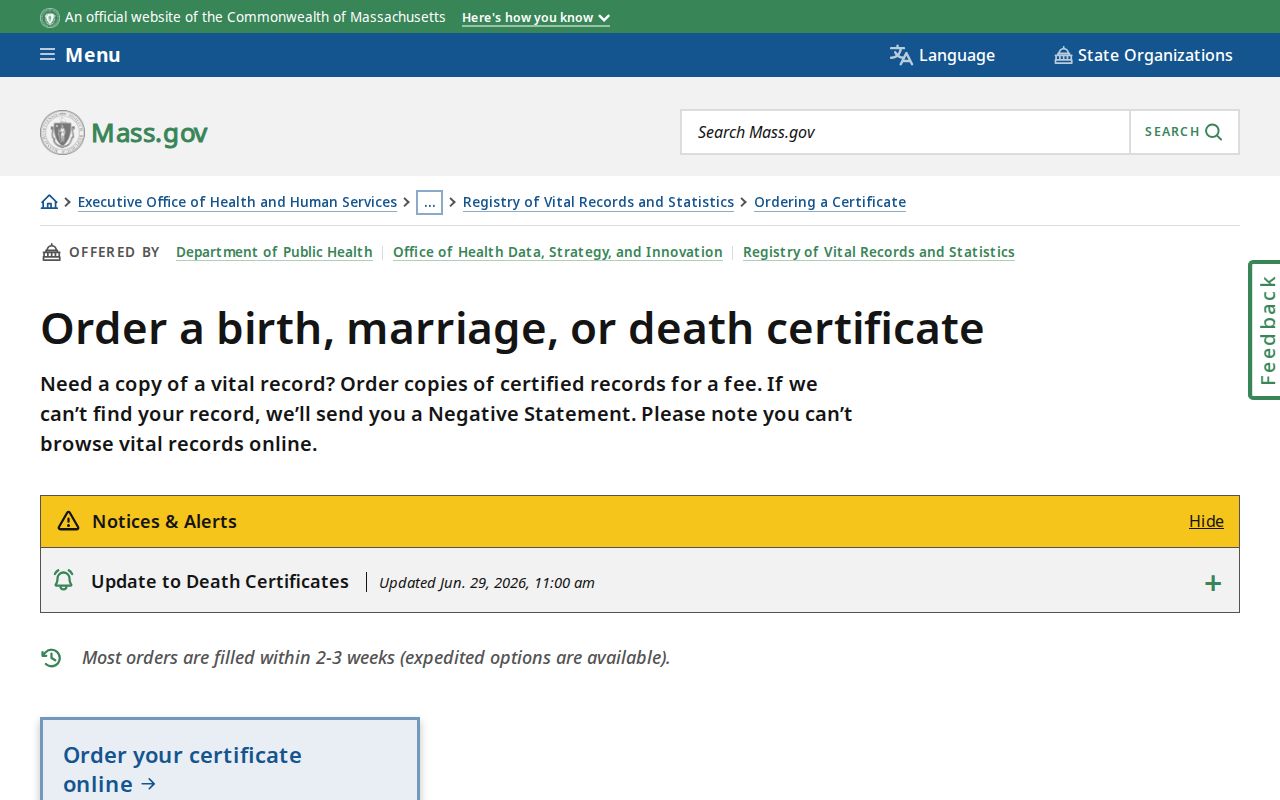 North Attleborough resident lookup RVRS vital records certificate order